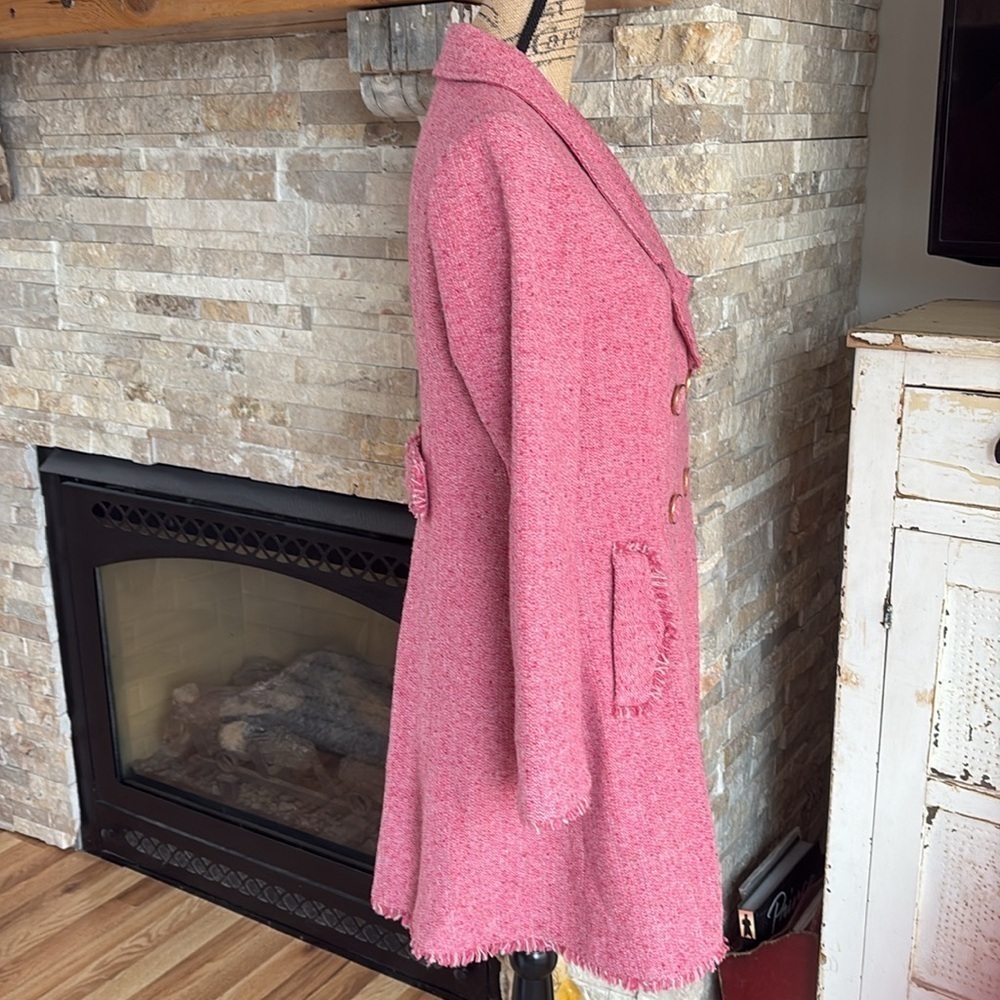 Cabi Madison Avenue pink tweed double breasted coat fringe hem gold hardware - Picture 10 of 16